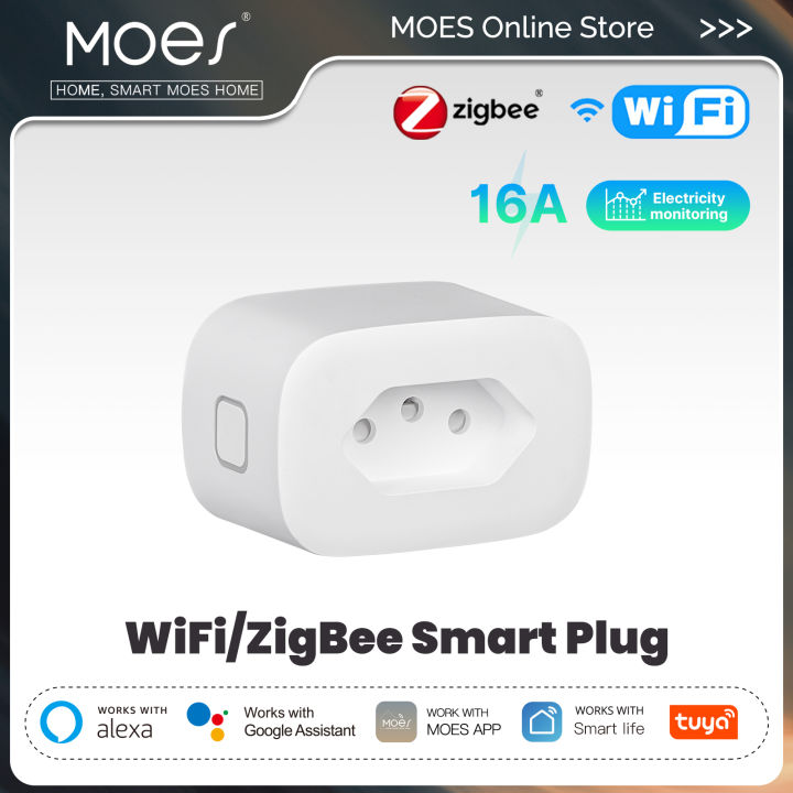 MOES 16A Smart Plug Tuya WiFi/Zigbee Brazil Version Socket Electricity Monitoring Fireproof App Control With Alexa  Home