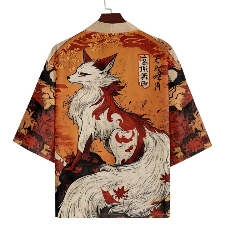 Anime FOX Print Kimono Loose Japanese Streetwear Cardigan Women Men Harajuku Haori Cosplay Top Shirts Yukata