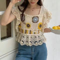 Granny Square Top Crochet Knit Sheer Embroidery Lace Square Neck Blouse Summer Women Teengirl Fairycore Cottagecore Outfit. 