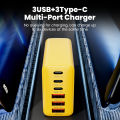 120W 6 Ports 3USB+3Type C Mobile Phone Charger Type C USB A Super Charge Adapter For Huawei Xiaomi Samsung Iphone 16 15 Devices.