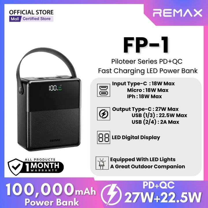 REMAX FP-1 27W+22.5W Fast Charging Portable 100000mAh Ultra-Large Capacity Power Bank With LED Lighting
