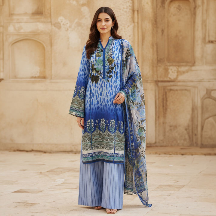 Kleren 3 Piece Unstitched or Stitched Digital Printed Lawn Suit for Women with Digital Printed Lawn Shirt, Digital Printed Cotton Trouser and Digital Printed Chiffon Dupatta - Summer Collection 2026 - Design code : Hermosa H-15
