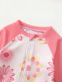 Baby Girl Summer Cute Flower Long Sleeve Onesie Swimsuit with Sun Hat Infant Swimming Suit with UV Protection. 