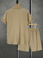 Men's Sophisticated Pleated Set Khaki Textured Cuban Collar Shirt & Elastic Waist Shorts 2 Piece Commute Outfit.