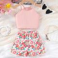 2PCS Summer Children Girl Lovely Clothes Set Pink Sling Short Sleeveless Top+Flower Shorts Daily Casual Wear Kids Girl 4-7 Years. 