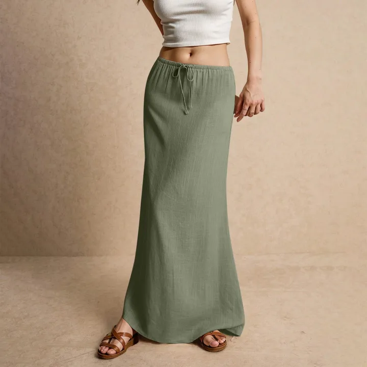 Women%20Low%20Waist%20Skirts%20Summer%20Casual%20Vacation%20Drawstring%20High%20Elastic%20Waist%20Skirts%20Simple%20Solid%20Comfy%20Bodycon%20Long%20Maxi%20Skirts%20-%20Image%204