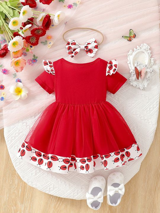 2025%20Summer%20New%20Beetle%20Pattern%20Lace%20Short%20Sleeve%20Same%20Pattern%20Headband%20Dress%20-%20Image%202