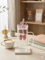 Cute Bow Glass Tumbler with Straw & Handle – 400ml Aesthetic Iced Coffee Mug, Heat-Resistant Clear Borosilicate Glass Cup for Juice, Smoothies & Tea m. 