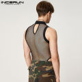 INCERUN 2023 Men Bodysuit Mesh Patchwork See Through  Sleeveless Thin Rompers Underwear Skinny Fashion Male Bodysuits S-5XL. 