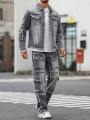 Men's Street Style Casual Distressed Raw-Hem Grey Denim Set, a Minimalist and Fashionable Two-Piece Ensemble.. 