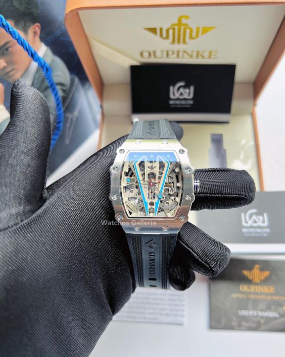 Oupinke Skeleton Men Automatic Watch Rubber Strap Luminous Dial