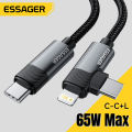2m Long Essager 2-in-1 Right Angle Cable C-L 29W C-C 65W Fast Charging Elbow Data Cable For iPhone 16 15 14 13 12 MacBook iPad.