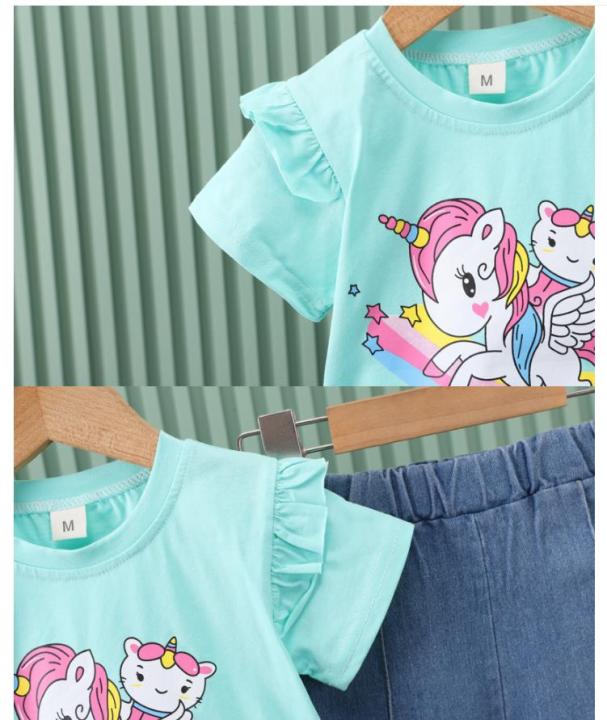 2024%20New%20Children's%20Set%20Girls'%20Summer%20Cartoon%20Printed%20Short%20Sleeve+Cowboy%20Pants%20Infant%20Fashion%20Set%200-4%20Years%20Old%20-%20Image%205