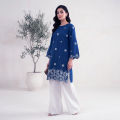 2 Pcs Teal Embroidered Lawn Suit For Women Soft Fabric Blue Casual Wear Summer High Quality Modern Look. 