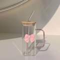 350ML Square Mug with Lids and Straws with Bow Water Cup Household Cup Female Milk Coffee Cups with Pink Handle Gift. 