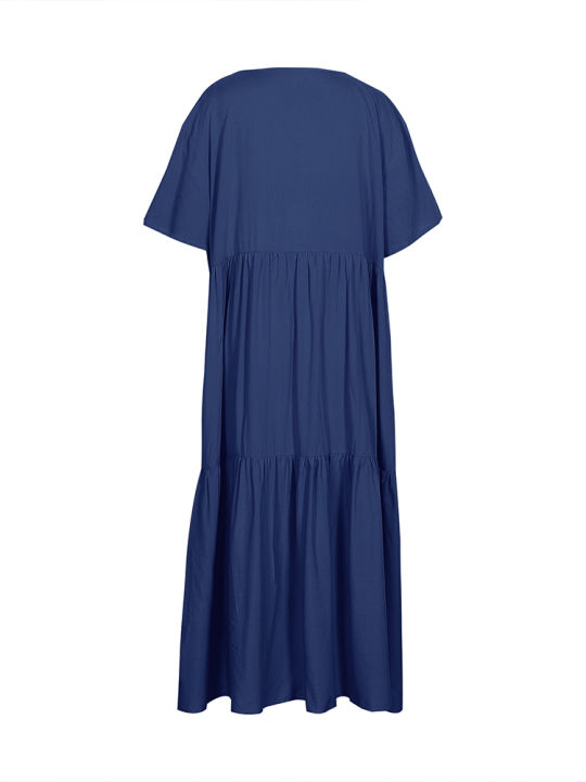 Plus%20Size%202025%20Summer%20New%20V-neck%20Short%20Sleeve%20Pleated%20Solid%20Colour%20Loose%20Casual%20Midi%20Dress%20Basic%20Hem%20Pleated%20-%20Image%206
