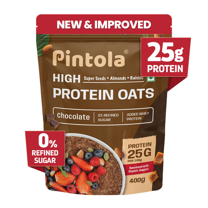 PINTOLA 25g High Protein Oats 400g, Chocolate,No Refined Sugar, with Almonds Raisin, Pumpkin and Chia Seeds, 8g Fibre, Rolled Oats, Breakfast Cereals | Gluten Free