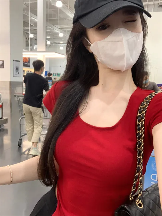 Sexy%20Slit%20Niche%20Design%20Crop%20Top%20Women%20Square%20Neck%20Slim%20Solid%20Short%20Sleeve%20Tee%20All-match%20Korean%20Popular%20Summer%20New%20Top%20-%20Image%203