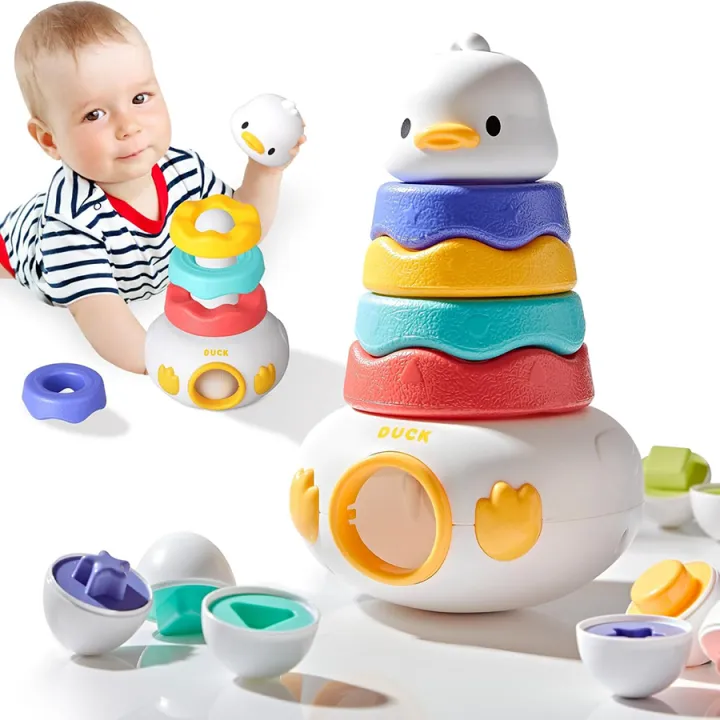 Baby Stacking Toy with Rings Montessori Toy 3-in-1 Matching Easter Eggs ...