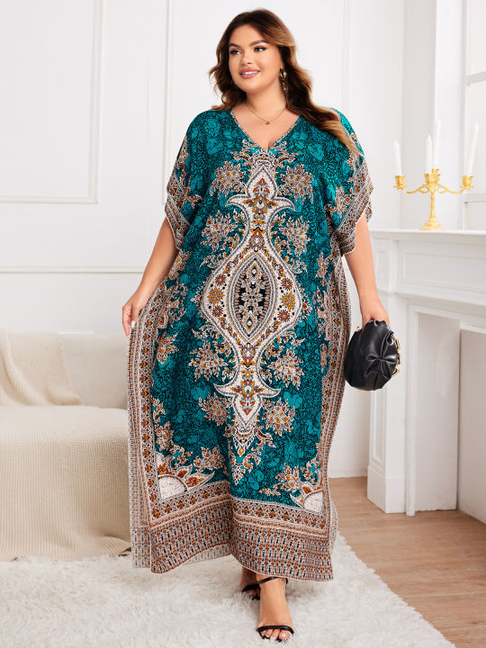 Spring/Summer New plus Size Women's Ethnic Print Vacation Style Wrap Long Robe Elegant Commute Loose Dress