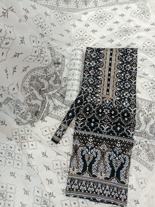 Unstitched orbindu voel material screen printed doller work,karchupi work three piece collection for women
