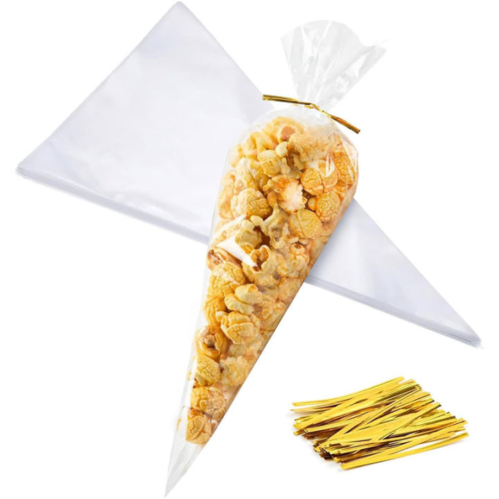 25/50pcs Plastic Cone Bags with Twist Ties for Popcorn Treat Candy Goodie Gifts and Party Favors Packaging