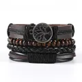 4Pcs/ Set Braided Wrap Leather Bracelets for Men Vintage Life Tree Rudder Charm Wood Beads Ethnic Tribal Wristband Rope Bracelet. 