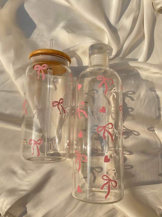 Pink Bow Glass Tumbler | borosilicate glass bottle | double wall glass mug | hydrasip tumbler - Customizable
