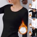 Thermal Underwear Women Bottoming Shirt Fleecing Winter Slim Basic Long-Sleeved T-Shirt Thin Velvet Heating Fiber Cropped Tops.