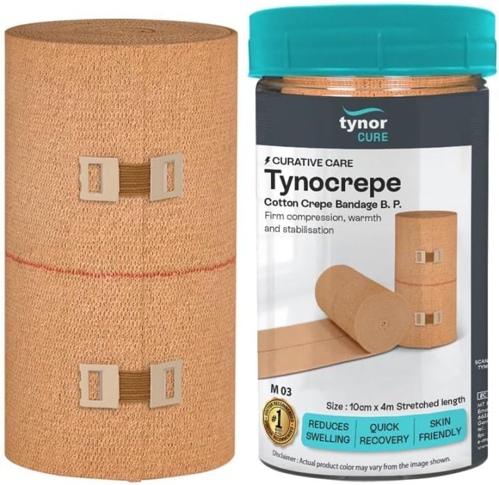 Tynor Tynocrepe Cotton Elastic Crepe Bandage, 10cm x 4m, Compression Support for Hand Knee Leg Wrist, Beige