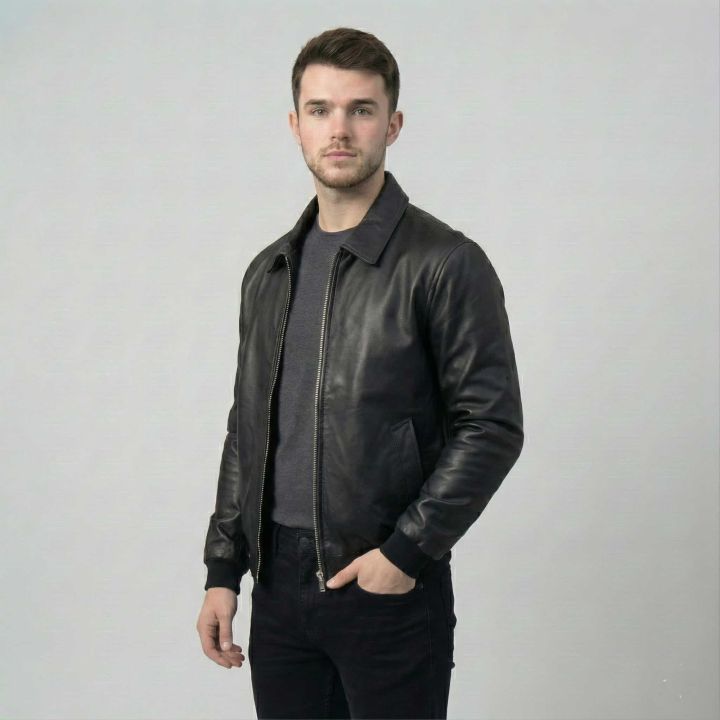Men’s Faux Leather Bomber Jacket – Full Zip, Brown/Black - Image 2