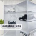 Clear shoe box, open storage box, front lid with 2 sizes. 