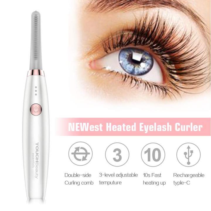 Heated Eyelash Curler, TOUCHBeauty Electric Eyelash Curler USB Rechargeable Eyelash Curler with 3 Temperature Settings Silicone Comb Lash Curler for Girls Women Quick Heating Curling