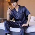 New Ice Silk Pajamas, Men's Summer Short-Sleeved Trousers, Thin High-End Simulated Silk Plus-Size Loose Loungewear Two-Piece Set.