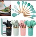 12Pcs Silicone Cooking Utensils Set Wooden Handle Kitchen Cooking Tool Non-stick Cookware Spatula Shovel Egg Kitchenware Beaters. 
