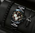 Luxury Black Stainless Steel Business Watch Deal For Men-Top Fashion Classic Round Dial Casual Watch+Natural Six Sided Oxyen Ston Nacklace+Black Natural Bead BracletFor Men/Boys Mens Fashion Watch Acessories Deal -Trendy Black Watch In Random Dial Design. 