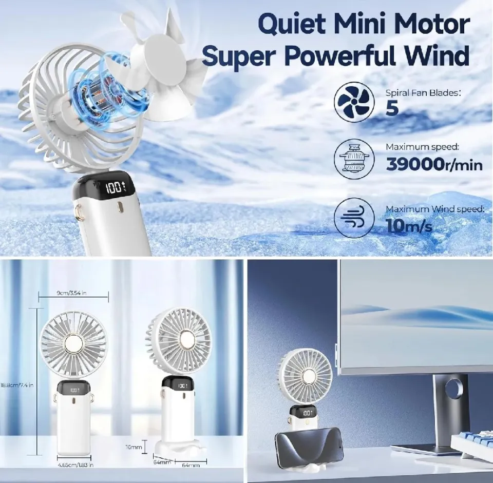 Portable Handheld Mini Fan: 3000mAh Rechargeable, 5 Speed, Digital Display & Foldable Neck Design