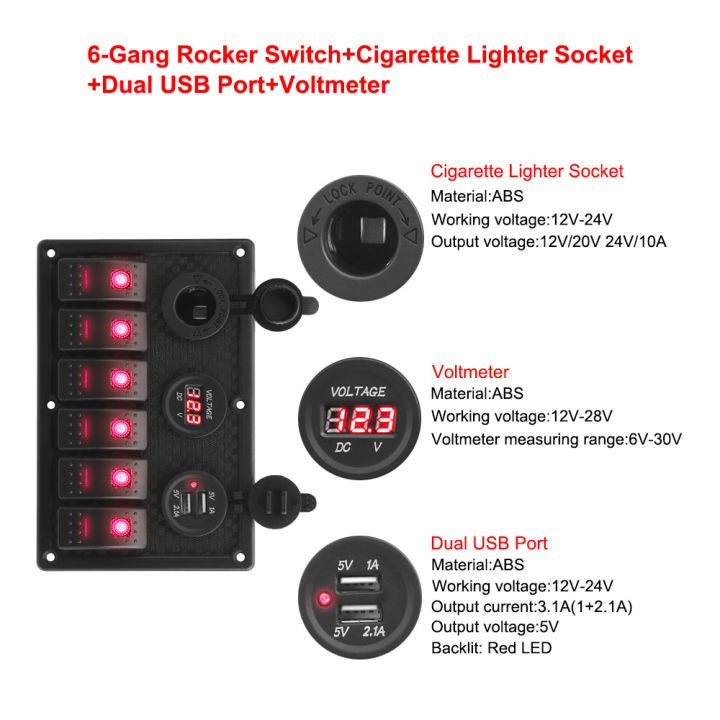 24V%2012V%206%20Buttons%20Switch%20Panel%20With%20Digital%20Voltmeter%20Tester%20USB%20Chargers%203.0%20Light%20Toggle%20Car%20Power%20Adapter%20Marine%20Boat%20Caravan%20-%20Image%202