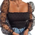 Women's Short Top Wave Dotted Sexy Mesh Puffy Long Sleeve See Through Comfortable and Breathable Blouse. 