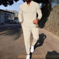 Men's Waffle Check Stand-Up Collar Semi-Casual Business Suit Button-Down Top with Comfortable Trousers Have 1/2 Pieces.