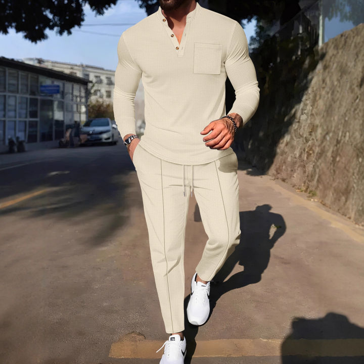 Men's%20Waffle%20Check%20Stand-Up%20Collar%20Semi-Casual%20Business%20Suit%20Button-Down%20Top%20with%20Comfortable%20Trousers%20Have%201/2%20Pieces%20-%20Image%202