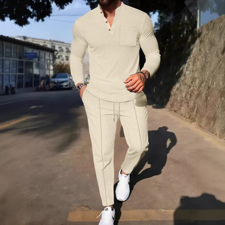 Men's%20Waffle%20Check%20Stand-Up%20Collar%20Semi-Casual%20Business%20Suit%20Button-Down%20Top%20with%20Comfortable%20Trousers%20Have%201/2%20Pieces%20-%20Image%202