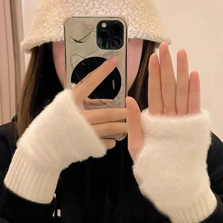 Warm Plush Half-finger Gloves for Women Autumn Winter Versatile Cute Cold-proof Half-finger Gloves Chirstmas