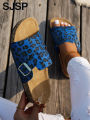 Four-Season Open-Toe Sandals for Outdoor Wear, New Spring and Autumn Women's Sandals, Simple, Casual, Fashionable, Versatile, Blue and Brown Cork Sole Sandals, Animal Print Leopard Print Slide Sandals with Adjustable Buckle Straps, Casual Open-Toe Flat....