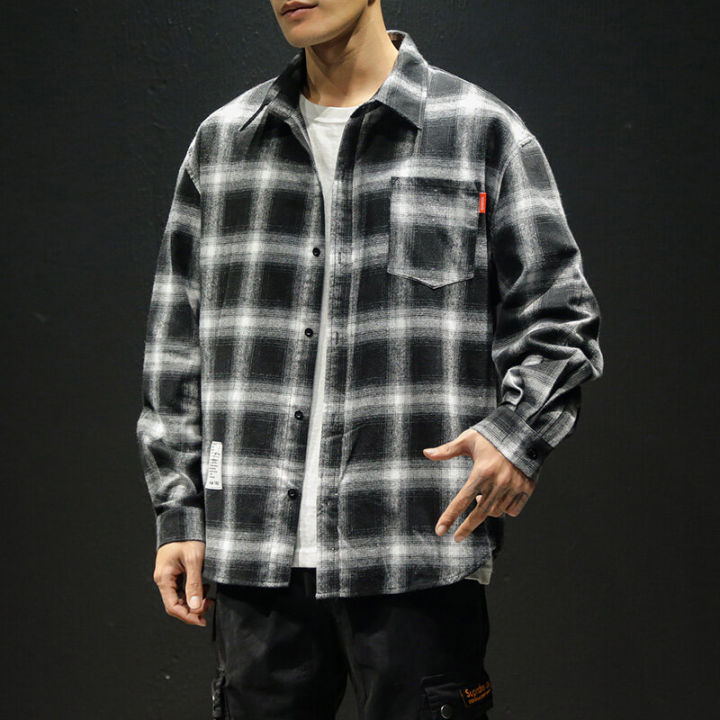 Korean Loose Plaid Long Sleeves Shirt For Men Oversize Checkered Polo Tops Man Office Retro Shirt