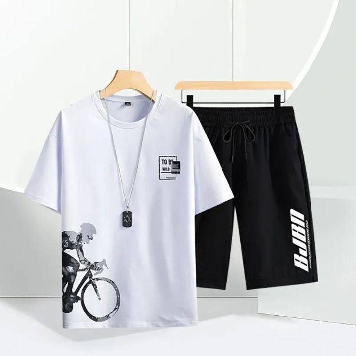 white colour cycle print short sleeve combo t shirt and pant for mans