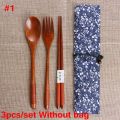 Natural Wooden Spoon Fork Chopsticks Combination Portable Travel Cloth Bag Handmade Kitchen Cutlery Set Japanese Style.