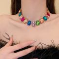 Exaggerated Square Rhinestone Choker Necklace Women Fashion Luxury Colorful Crystal Chunky Chain Necklaces Wedding Party Jewelry. 