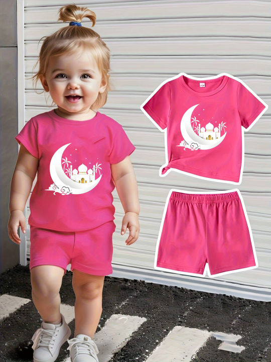 Fuchsia Set + Crescent Mosque Print: Short-Sleeve Style—Wearing Ramadan Tenderness