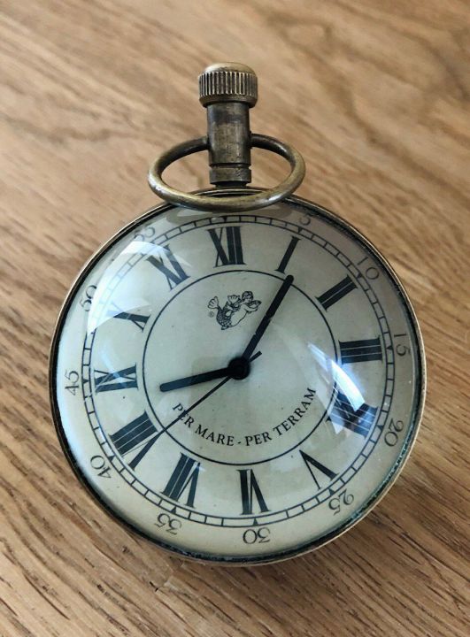 (H).  VTG Brass Eye of Time Per Mare Per Terram By Land Watch
  Brass Table clock Nautical shelf & desk clock